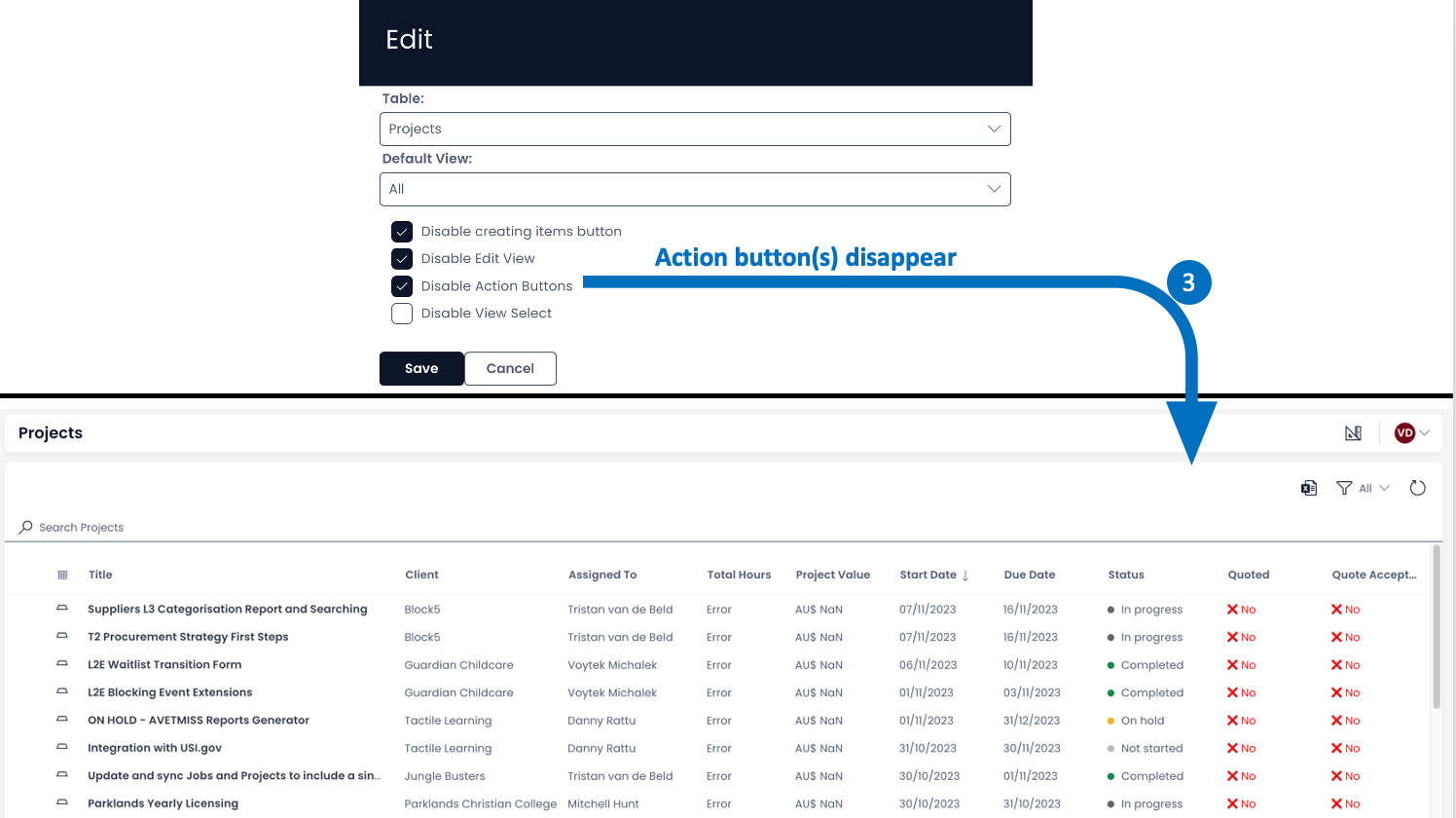 Disable menu buttons example